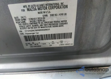 2011 Mazda Mazda6 S Touring Plus from USA, damaged, VIN 1YVHZ8CB5B5M25931